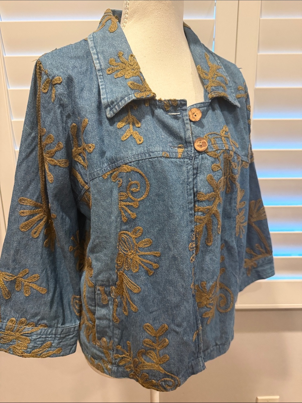 Embroidered Denim Jacket - Blue with tan Accents